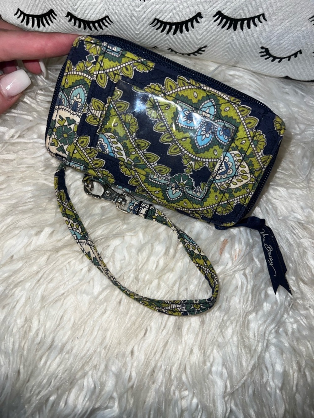 Vera Bradley Navy Green Paisley Wristlet with Teal Accents